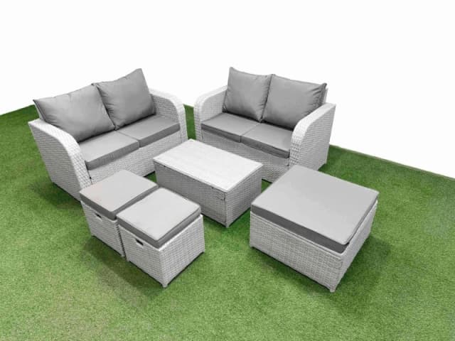 Fimous 7 Seater Outdoor Love Sofa Set Rattan Garden Furniture Set with Rectangular Coffee Table 3 Footstool Light Grey Light Grey