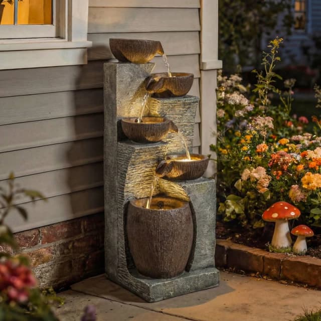OUTSUNNY Outdoor Fountain, Resin Freestanding Garden Fountain in Grey Grey Unisex