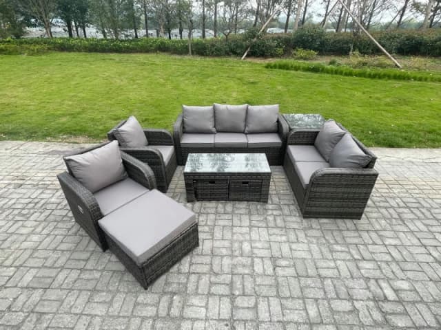 Fimous 10 Seater Outdoor Rattan Garden Furniture Set Rattan Lounge Sofa Set with Rectangular Coffee Table Side Table 3 Footstools Dark Grey Mixed Dark