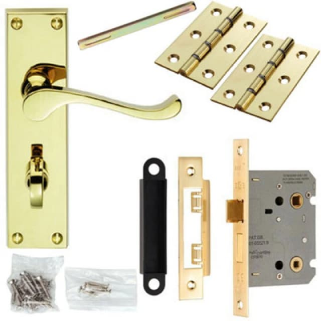 Loops Door Handle & Bathroom Lock Pack Brass Victorian Scroll Thumb Turn Backplate Metallics