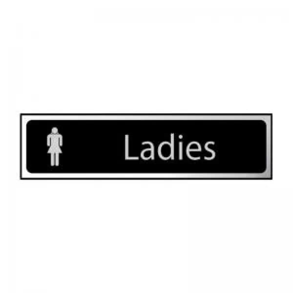 Ladies Sign - Polished Chrome & Black Effect Laminate with Self-Adhesive Backing - 200 x 50mm