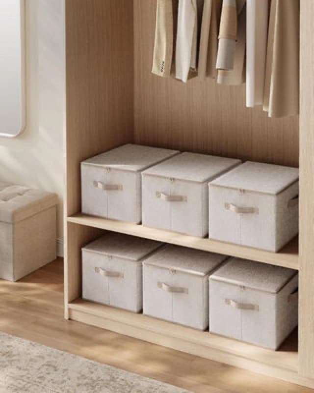 Songmics Storage Bins, 3 Foldable Organiser Boxes With Lids And Handles, Non-Woven Fabric For Clothes, Sand Beige