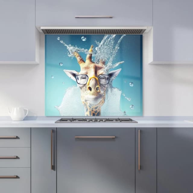Warren Reed - Designer Giraffe With Glasses Splashart Kitchen Splashback in Blue Size: 600mm x 750mm Blue Unisex 600mm x 750mm