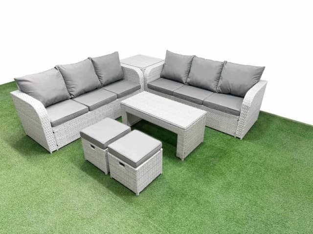 Fimous Outdoor Garden Furniture Sets 8 Seater Wicker Rattan Furniture Sofa Sets with Oblong Coffee Table high Back Lounge Sofa Stools Side Table Light