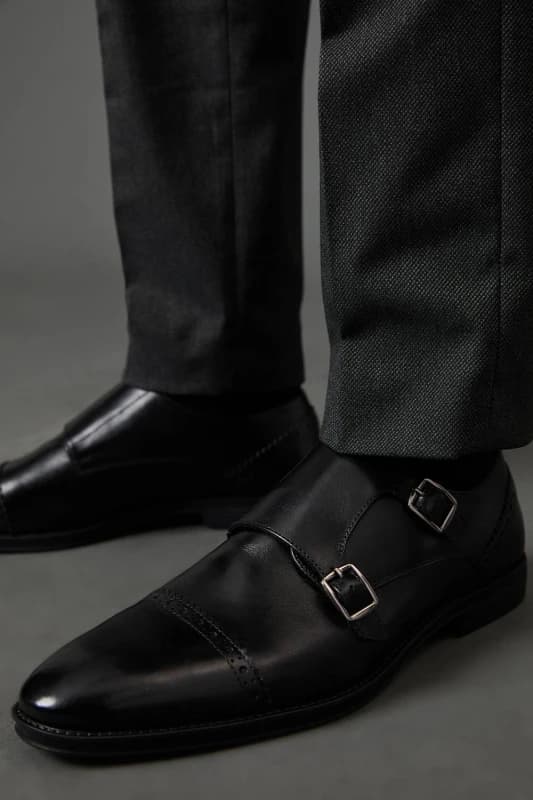 Burton Mens Black Formal Leather Monk strap Brogue Shoes Black 9 Male BBB05915