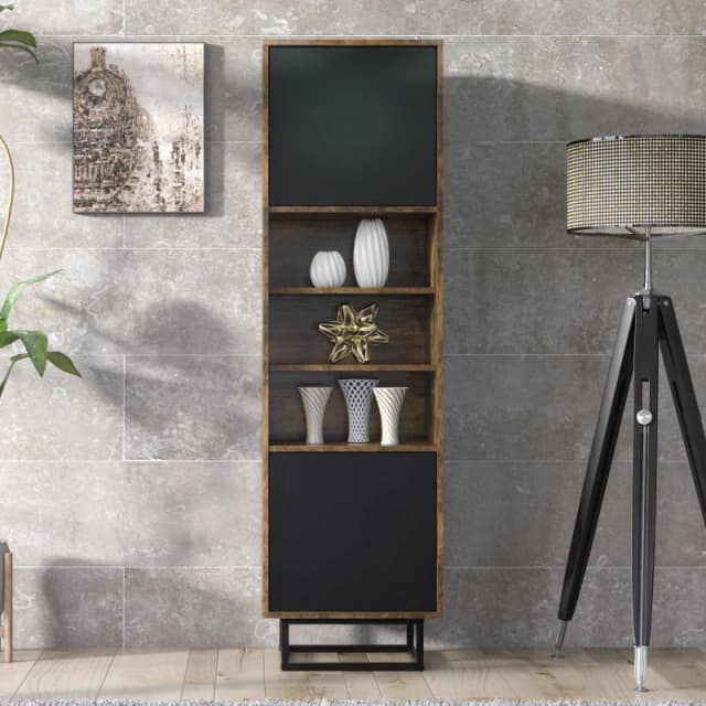 Creative Furniture Harmony Loft Display Cabinet 175cm - Loft-Inspired Storage with Rustic, Oak & Black Matt Doors Dark Brown
