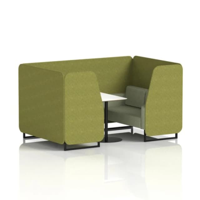 Brixworth 4 Seater Office Booth with Front Panel - Black Legs and White Table with Black Leg in Rivet Fabric - Olive Panels and Burnish Sofa