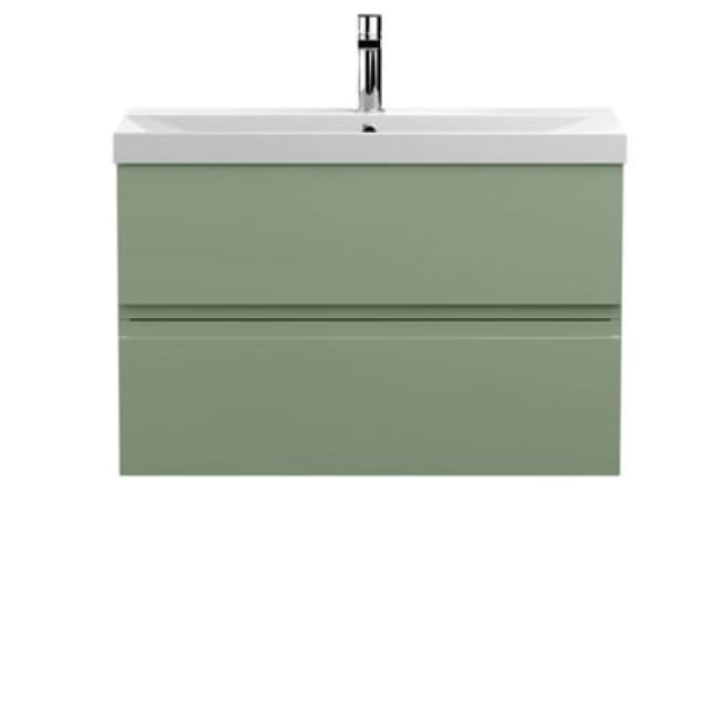 Nuie Hudson Reed Urban Wall Hung 2 Drawer Vanity Unit With Thin-Edge Ceramic Basin, Modern Bathroom Furniture In Satin Green, 800mm