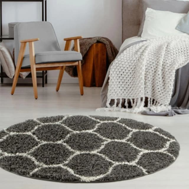 THE RUGS Soft Trellis Shaggy Rugs & Runners Dark Grey Living Room Size: 120cm diameter Dark Grey Unisex 120cm diameter