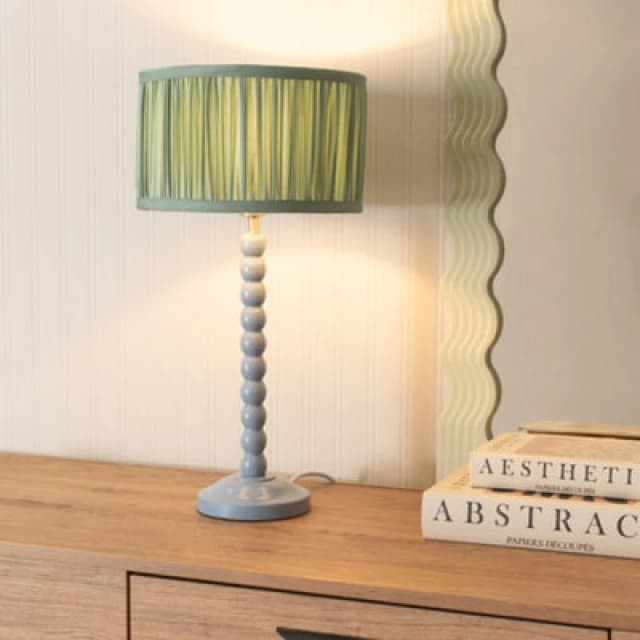 ValueLights Bobbins Powder Blue Table Lamp with Ruched Pleated Drum Lamp Shade Pale Green