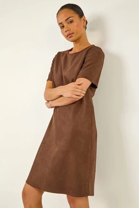 Roman Womens Petite Premium Stretch Suede Shift Dress in Chocolate Size: 18 Chocolate Female 18
