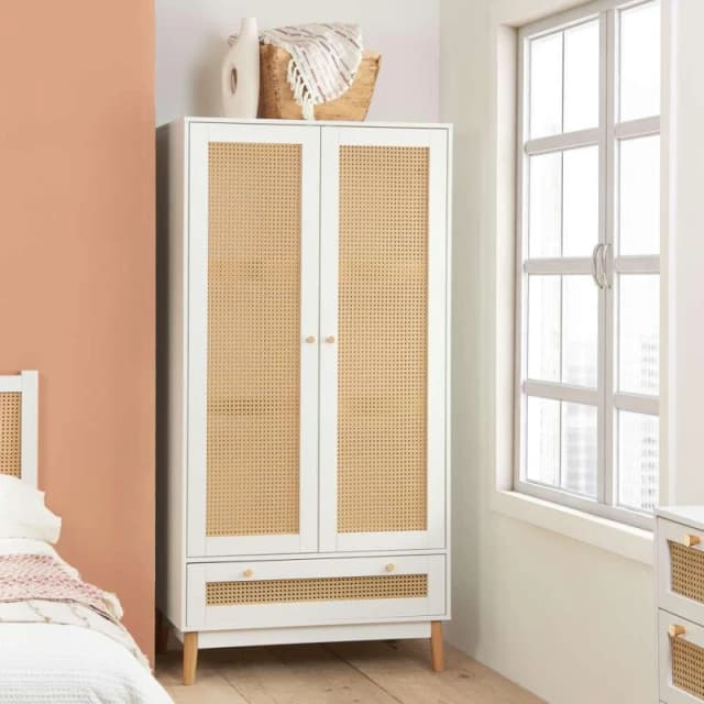 Birlea Croxley Rattan and White 2 Door 1 Drawer Wardrobe