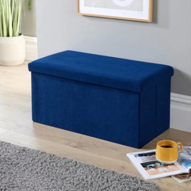 Home Source Rectangular Corduroy Folding Storage Ottoman Navy