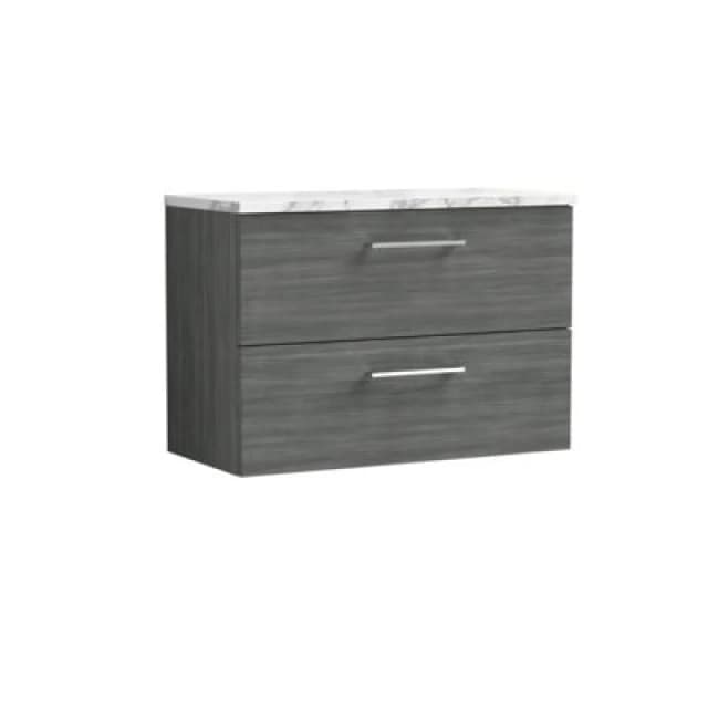 NUIE Nuie - Arno Wall Hung 2-Drawer Vanity Unit with Carrera Marble Worktop 800mm Wide - Anthracite Woodgrain ARN526LCM