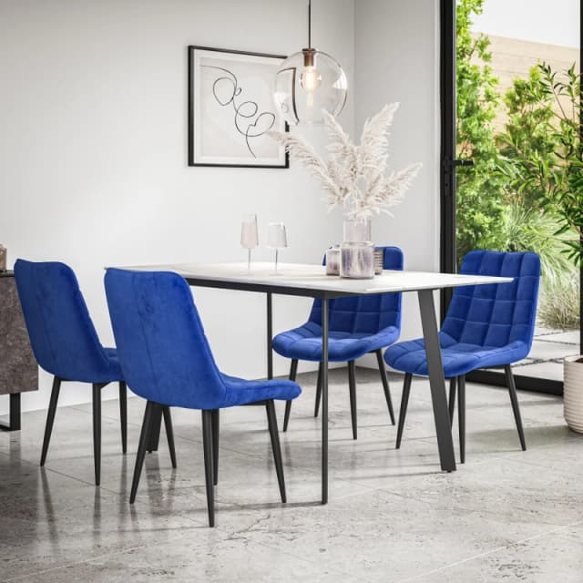 More4Homes Haydon Extending Dining Table + Chairs- White Marble Effect Table Top W Black Legs + Nova Velvet Dining Chair Set Of 4 (Blue)