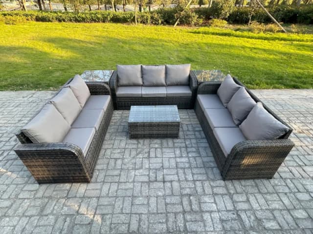 Fimous Rattan Lounge Sofa Set 9 Seater Outdoor Garden Furniture Set with Rectangular Coffee Table 3 Seater Sofa 2 Side Tables Dark Grey