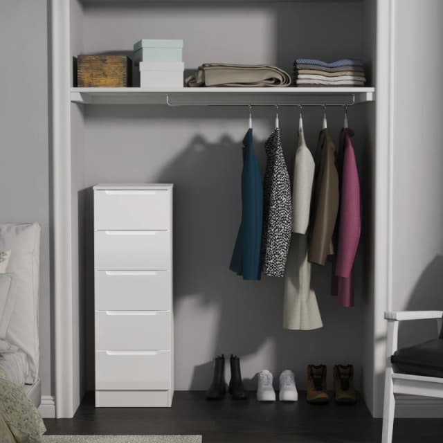 Welcome Furniture Ready Assembled Milan 5 Drawer Bedside Cabinet In White Gloss & White MIL003WGW