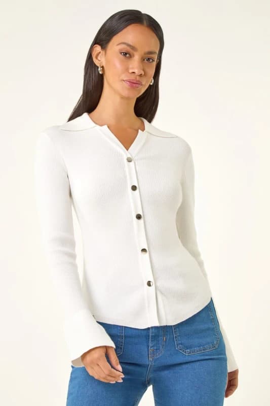 Dusk Womens Collared Button Jumper in Ivory Size: 14 Ivory Female 14