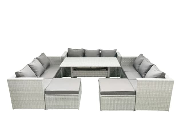Fimous Rattan Garden Outdoor Furniture Set 11 Seater Garden Sofa Rectangulr Dining Table Set with 2 Big Footstools Light Grey Mixed Light Grey