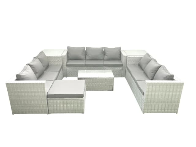 Fimous Rattan Garden Outdoor Furniture Set 10 Seater Garden Sofa Coffee Table Set with Big Footstool 2 Side Tables Light Grey Mixed Light Grey