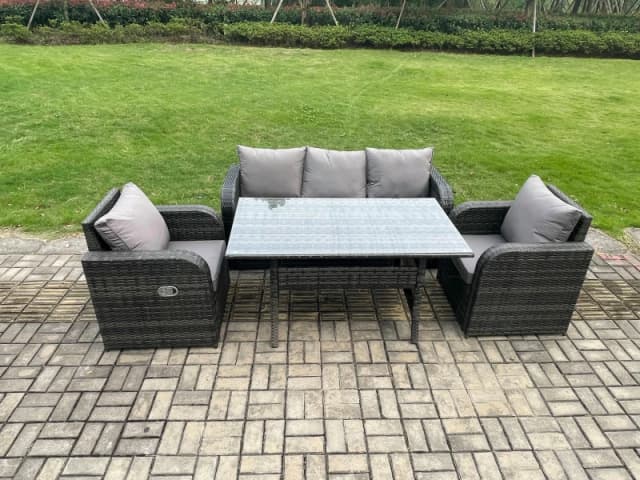 Fimous Rattan Garden Furniture 4 Piece Grey Patio Furniture Set Patio Conservatory 5 Seater Set Outdoor Rectangular Table & Chairs in Dark Grey Dark G
