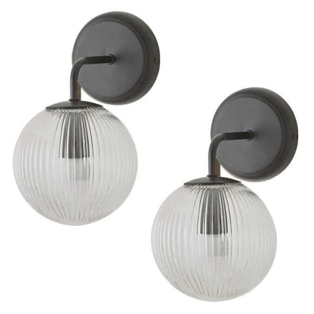 ValueLights ValueLights Kempton Pair of Ribbed Glass Globe Shade Single Arm Wall Lights in Black One Size Unisex 5059406068379