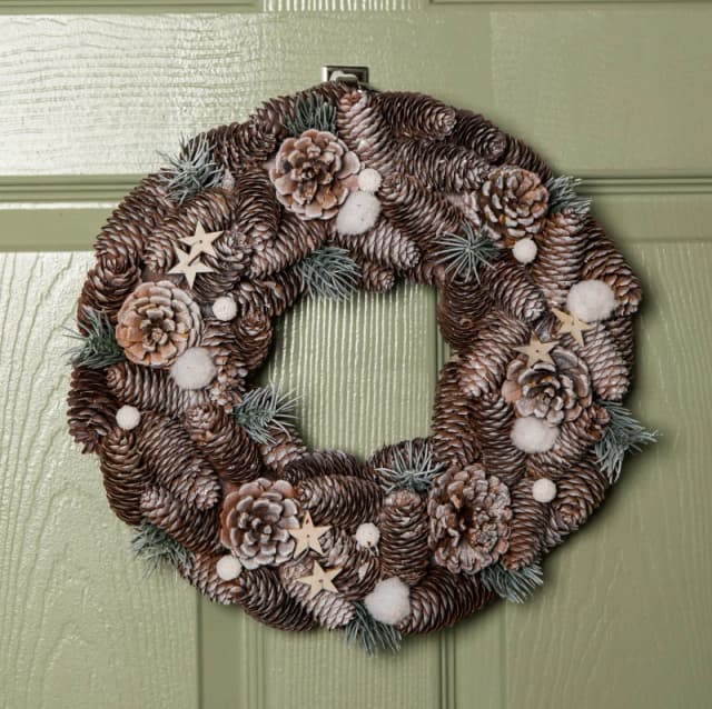 36cm Frosted Hanging Christmas Wreath with Pine Cones & Wooden Stars
