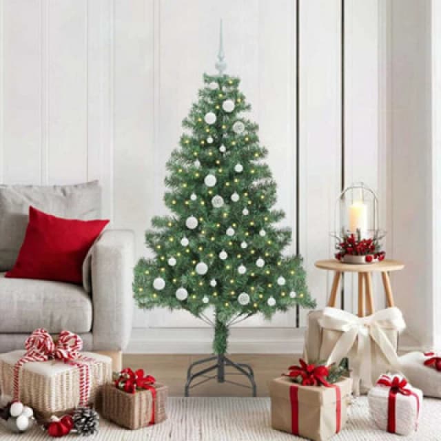 vidaXL Christmas Tree with 150 LEDs, White Balls with Stand Green 150cm PVC, Green 3396370