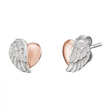Angel Whisperer Silver & Rose Gold Heart Wing Stud Earrings