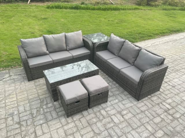 Fimous Outdoor Lounge Sofa Set Rattan Garden Furniture Set with Rectangular Coffee Table 2 Small Footstool Dark Grey Mixed Dark Grey