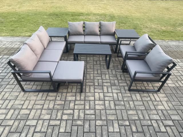 Fimous Aluminium Outdoor Garden Furniture Set 9 Seater Garden Sofa with Oblong Coffee Table Big Footstool 2 Side Tables Dark Grey Dark Grey Unisex