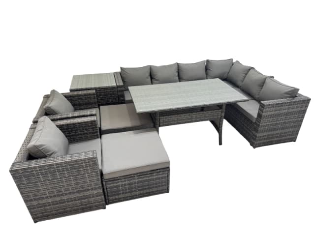 Fimous Rattan Garden Furniture Set Outdoor 10 Seater Patio Corner Sofa Sets With Table 2 Chairs 2 Big Stools Side Table Dark Grey