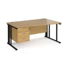 Office Desk Right Hand Wave Desk 1600mm With Pedestal Oak Top With Black Frame Maestro 25 MCM16WRP3KO