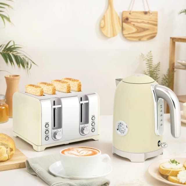 HOMCOM HOMCOM 3000W 1.7L Kettle with Retro Thermometer, 4 Slice Toaster Set, Cream 5063603318984