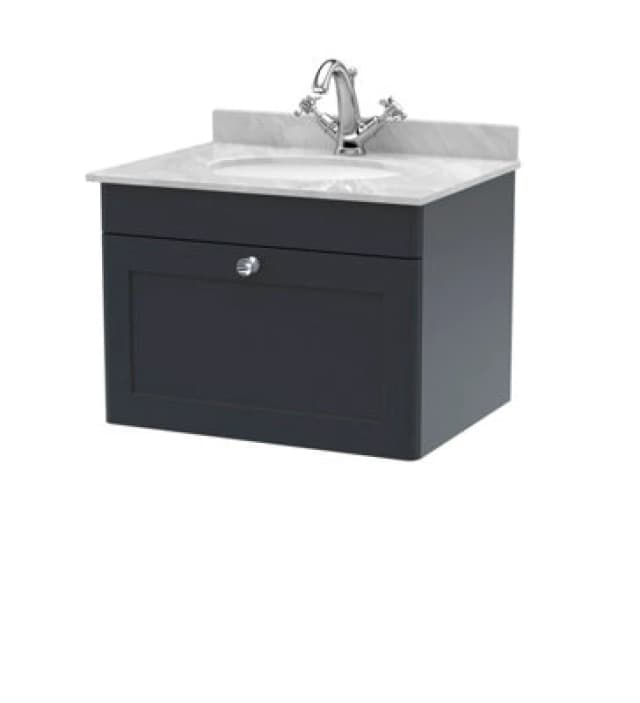 Nuie Classique Wall Hung 1 Drawer Unit & 1 Tap Hole Grey Marble Top With Oval Basin, Sink Vanity Unit In Soft Black With White