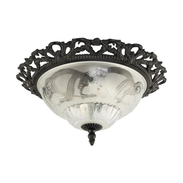 Happy Homewares Traditional & Classic Ornate Metal & Floral Glass Flush Ceiling Light Fitting in Black Unisex