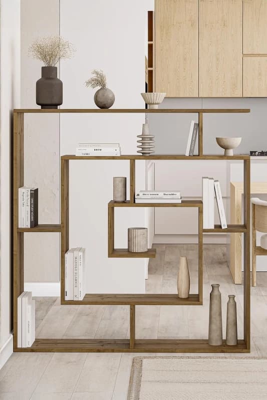 FWStyle Dark Oak Effect Large Maze Inspired Room Divider Shelving Unit in Brown Brown Unisex