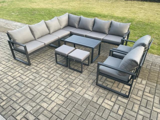Fimous Aluminium Outdoor Garden Furniture Set Lounge Corner Sofa 2 Pcs Chair Oblong Coffee Table Sets with 2 Small Footstools Dark Grey Dark Grey Unis