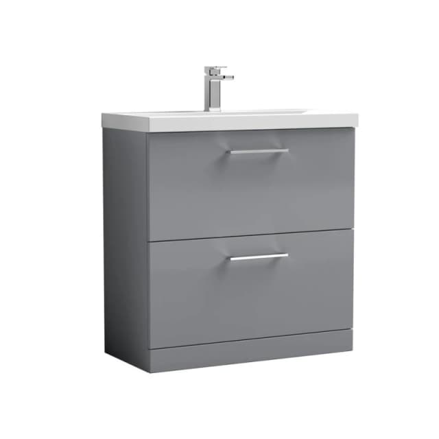 Balterley Contemporary Bathroom Floor Standing 2 Drawer Vanity Unit & Mid-Edge Ceramic Basin, Satin Grey, 800 mm in Grey Grey Unisex