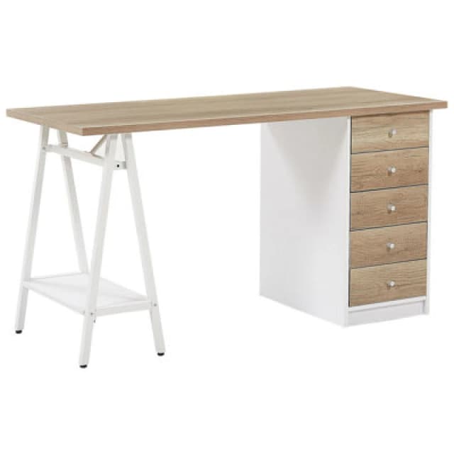 Beliani Home Office Desk Heber Brown/ White 140 Cm 60 Cm With Drawers