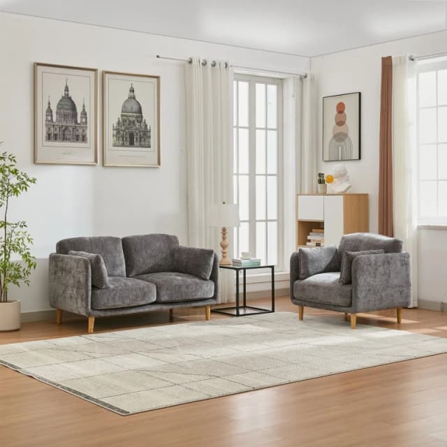FURNITURE ONE Velvet Upholstered Sofa Set, Sectional Couch Suite-1+2 Set in Grey Size: 1 Pack Grey Unisex 1 Pack