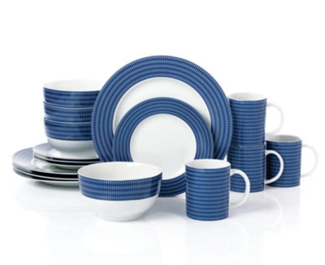 16Pc Blue & White Linear Dinner Set