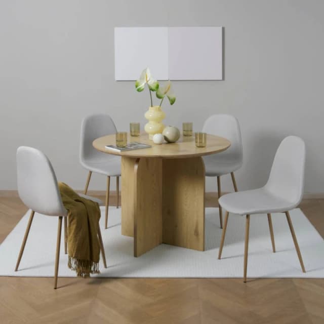 Home Garden Direct NYX Dining Set Round Table in Wood Effect & x 4 Linen Chairs Beige Beige Unisex