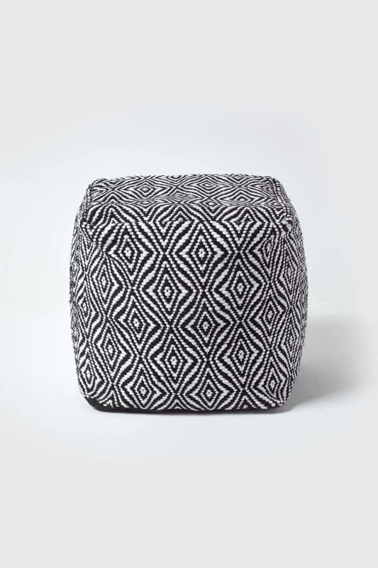 Homescapes Trance Black And White Diamond Pattern Recycled Fibre Square Bean Filled Pouffe, 40 Cm