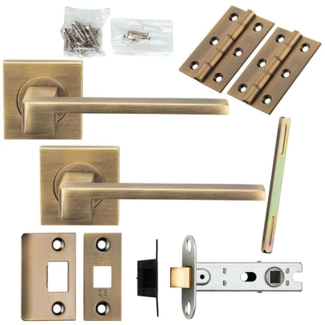 Loops Door Handle & Latch Pack Antique Brass Straight Lever Screwless Square Rose Metallics