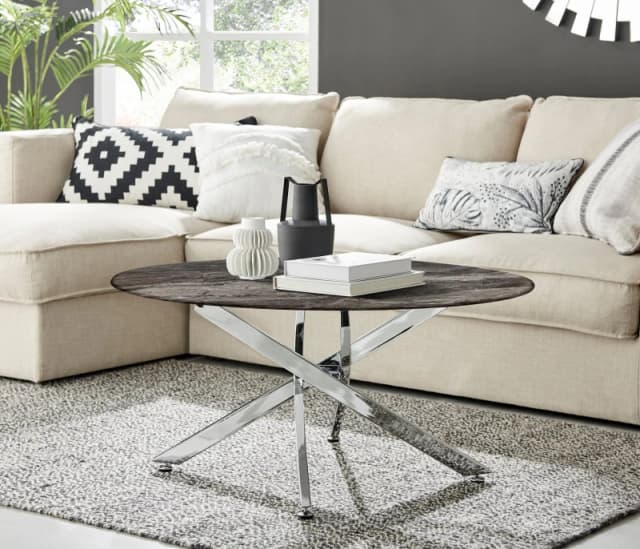 FurnitureboxUK FurnitureboxUK Novara Round Marble Effect Glass Top Coffee Table With Silver Metal Starburst Legs in Grey Grey One Size Unisex 50565426
