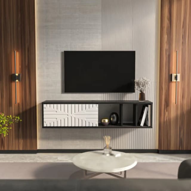 Decorotika Modern Teo Floating TV Unit Black Marble Effect And White