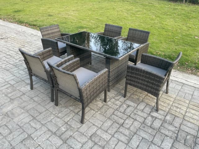 Fimous Wicker PE Outdoor Rattan Garden Furniture Arm Chair & Table Dining Sets 6 Seater Rectangular Table Dark Grey Mixed Dark Grey Unisex