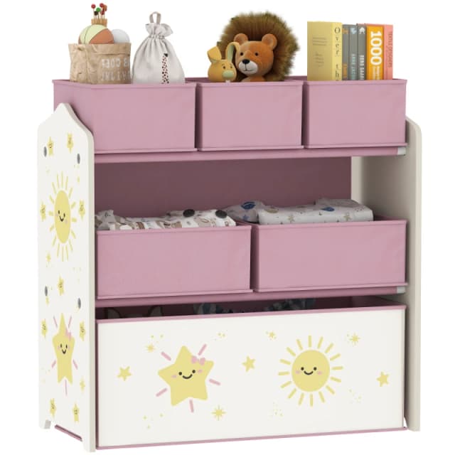 AIYAPLAY 3-Tier Kids Storage Shelf with 6 Removable Fabric Boxes, Pink 311-100V80PK