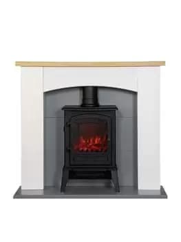 Adam Fires & Fireplaces Adam Huxley In Pure White & Grey With Sureflame Ripon Electric Stove In Black, 39 Inch